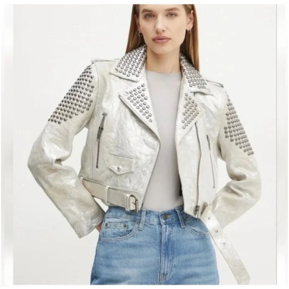 The Kooples Silver Metallic Studded Cropped Leather Moto Jacket Sz 2 Medium NWT